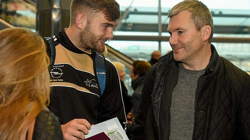 27 November 2014; Mayo's Aidan O'Shea and James Horan, right, at Dublin Airport ahead of their trip to Boston for the GAA / GPA Opel All Star Tour 2014. Opel Ireland is the official car partner of the GAA and GPA. For more information check out www.opel.ie #OpelAllStarTour. Dublin Airport, Dublin. Picture credit: Pat Murphy / SPORTSFILE