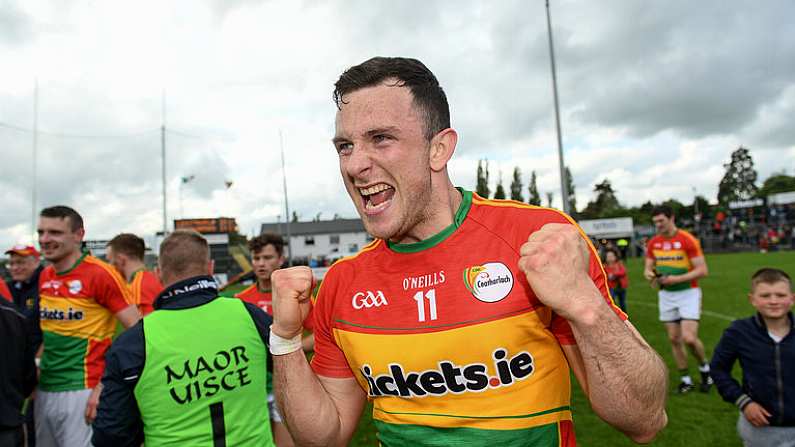 21 May 2017; Carlow's Darragh Foley celebrates following the Leinster GAA Football Senior Championship Round 1 match between Carlow and Wexford at Netwatch Cullen Park in Carlow. Photo by Ramsey Cardy/Sportsfile