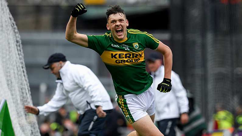 18 September 2016; David Clifford of Kerry celebrates scoring his side's third goal in the 53rd minute during the Electric Ireland GAA Football All-Ireland Minor Championship Final match between Kerry and Galway at Croke Park in Dublin. Photo by Ray McManus/Sportsfile