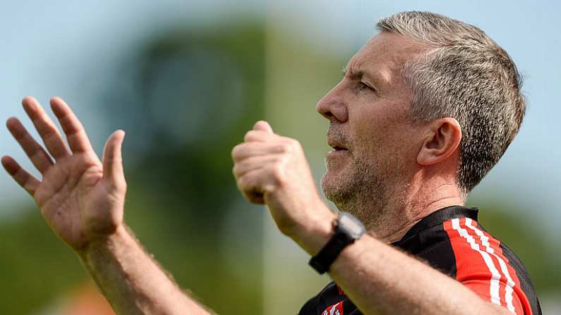 16 July 2016; Derry manager Damien Barton watches the final moments of the GAA Football All-Ireland Senior Championship Round 3A match between Cavan and Derry at Kingspan Breffni Park in Cavan. Photo by Brendan Moran/Sportsfile