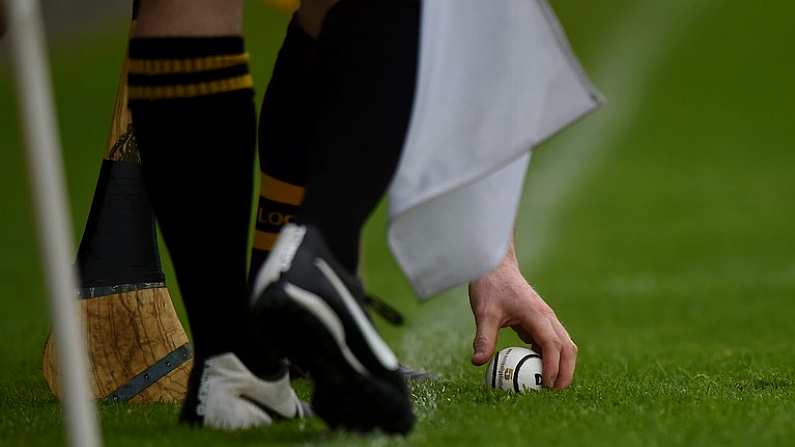 14 June 2014; A Wexford player places the sliotar for a lineball. Leinster GAA Hurling Senior Championship, Semi-Final, Wexford v Dublin, Wexford Park, Wexford.