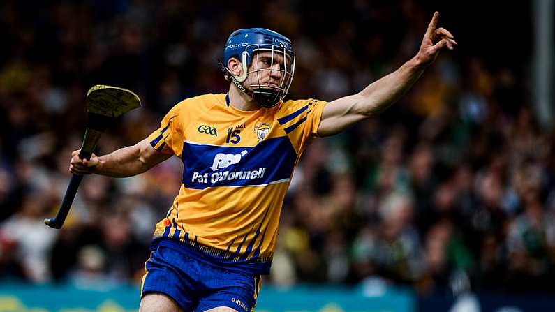 4 June 2017; Shane O'Donnell of Clare celebrates after scoring his side's first goal during the Munster GAA Hurling Senior Championship Semi-Final between Limerick and Clare at Semple Stadium in Thurles, Co. Tipperary. Photo by Diarmuid Greene/Sportsfile