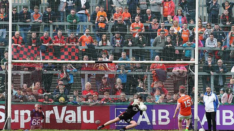 Ulster GAA Minor Football Championship Quarter-Final, Pairc Esler, County Down 4/6/2017  Down vs Armagh Down's Jack Hazard saves a penalty from Armagh's Tiernan Kelly  Mandatory Credit INPHO/Presseye/Matt Mackey