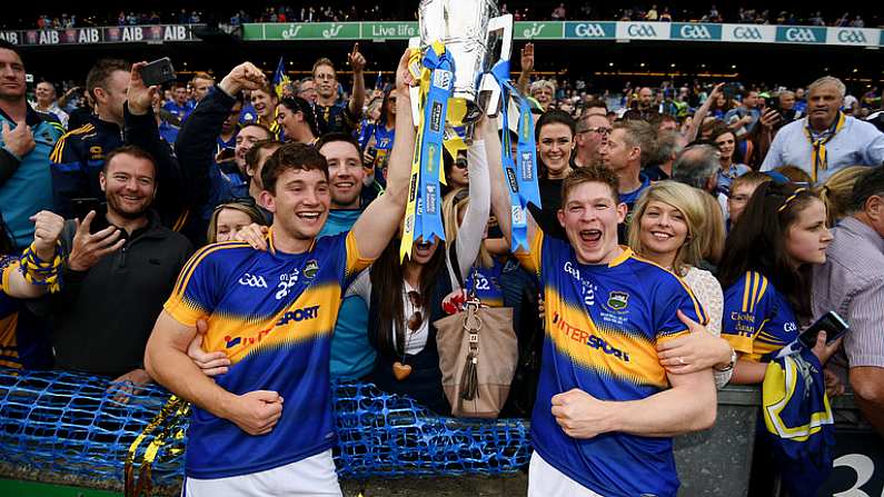 4 September 2016; Niall OMeara, left, and Donagh Maher of Tipperary with the Liam MacCarthy Cup following the GAA Hurling All-Ireland Senior Championship Final match between Kilkenny and Tipperary at Croke Park in Dublin. Photo by Stephen McCarthy/Sportsfile