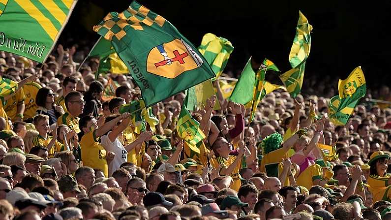 21 September 2014; Donegal supporters in the Cusack stand celebrate a point for their side. GAA Football All Ireland Senior Championship Final, Kerry v Donegal. Croke Park, Dublin. Picture credit: Ray McManus / SPORTSFILE