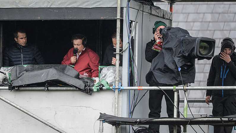 11 June 2017; Marty Morrissey and Dessie Dolan of RTE in the commentary position ahead of the Connacht GAA Football Senior Championship Semi-Final match between Galway and Mayo at Pearse Stadium, in Salthill, Galway. Photo by Daire Brennan/Sportsfile