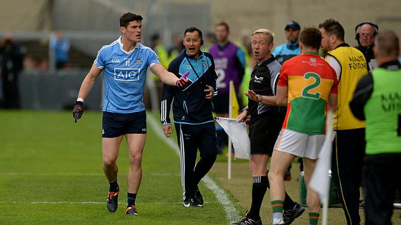 3 June 2017; Diarmuid Connolly of Dublin argues with linesman Ciaran Branagan during the Leinster GAA Football Senior Championship Quarter-Final match between Dublin and Carlow at O'Moore Park, Portlaoise, in Co. Laois. Photo by Daire Brennan/Sportsfile