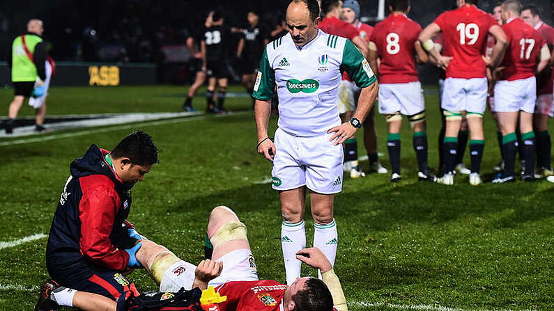 17 June 2017; Peter O'Mahony of the British & Irish Lions with physiotherapist Prav Mathema during the match between the Maori All Blacks and the British & Irish Lions at Rotorua International Stadium in Rotorua, New Zealand. Photo by Stephen McCarthy/Sportsfile