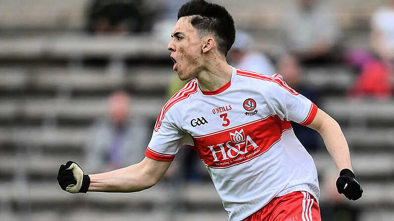 18 June 2017; Conor McCluskey of Derry celebrates after scoring his side's first goal of the game during the Ulster Minor Football Championship Semi-Final match between Derry and Antrim at St Tiernach's Park in Clones, Co. Monaghan. Photo by Ramsey Cardy/Sportsfile