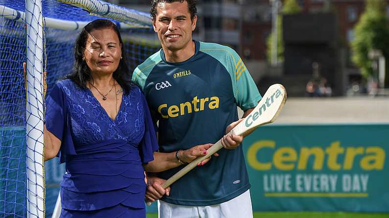 19 June 2017; As a long-standing sponsor of the GAA Hurling All-Ireland Senior Championship, Centra today launched #WeAreHurling, which celebrates the passion displayed by all of those in Irelands collective hurling community. #WeAreHurling reinforces Centras commitment to local communities across Ireland by shining a light on the many people who devote their lives to the game  making our national sport a pillar of Irish pride. Pictured today in attendance is Emelie O hAilpin, with her son and former Cork and All-Ireland winning hurler Sean Og O hAilpin, during the Centra Hurling Media Launch at Smithfield Square & The Lighthouse Cinema, in Dublin 7. Photo by Seb Daly/Sportsfile