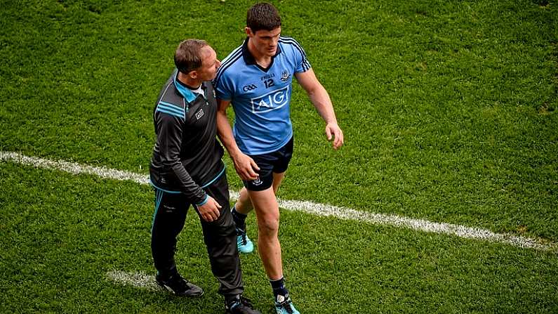 30 August 2015; Dublin manager Jim Gavin consoles Diarmuid Connolly, after Connolly received a red card. GAA Football All-Ireland Senior Championship, Semi-Final, Dublin v Mayo, Croke Park, Dublin. Picture credit: Daire Brennan / SPORTSFILE