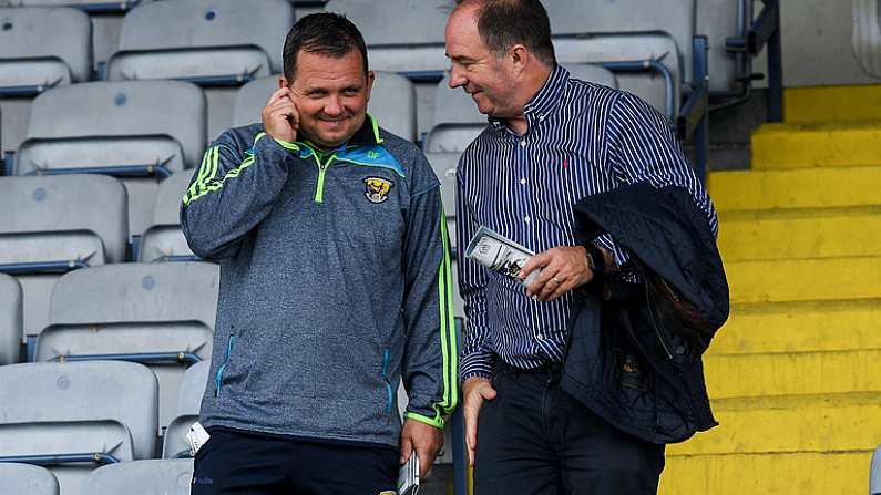 28 May 2017; Wexford manager Davy Fitzgerald with County Board Chairman Derek Kent after the Leinster GAA Hurling Senior Championship Quarter-Final match between Laois and Wexford at O'Moore Park, in Portlaoise, Co. Laois. Photo by Ray McManus/Sportsfile