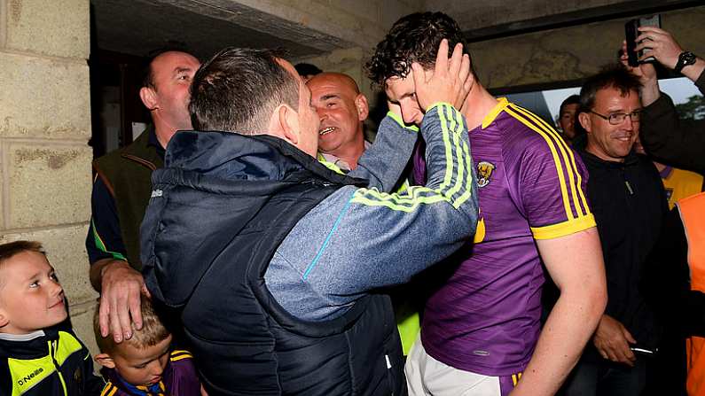 10 June 2017; A young boy looks on as the suspended Wexford manager Davy Fitzgerald celebrates with Liam Ryan of Wexford in the tunnel after the Leinster GAA Hurling Senior Championship Semi-Final match between Wexford and Kilkenny at Wexford Park in Wexford. Photo by Ray McManus/Sportsfile