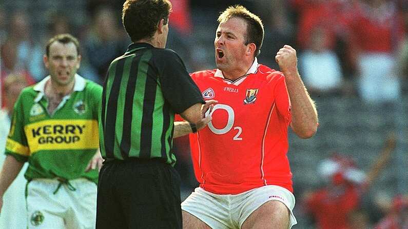 25 August 2002; Cork captain Colin Corkery remonstrates with referee Brian White, after White had disallowed Corkery's quick free goal. Cork v Kerry, All Ireland Football Semi - Final, Croke Park, Dublin. Picture credit; Damien Eagers / SPORTSFILE