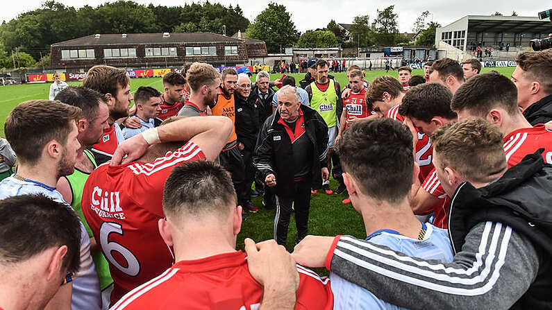 10 June 2017; Cork manager Peadar Healy with his players after the Munster GAA Football Senior Championship Semi-Final match between Cork and Tipperary at Pairc Ui Rinn in Cork. Photo by Matt Browne/Sportsfile