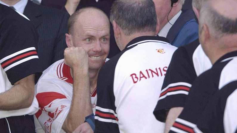 28 September 2003; Tyrone captain Peter Canavan celebrates with manager Mickey Harte after victory over Armagh. Bank of Ireland All-Ireland Senior Football Championship Final, Armagh v Tyrone, Croke Park, Dublin. Picture credit; Matt Browne / SPORTSFILE *EDI*