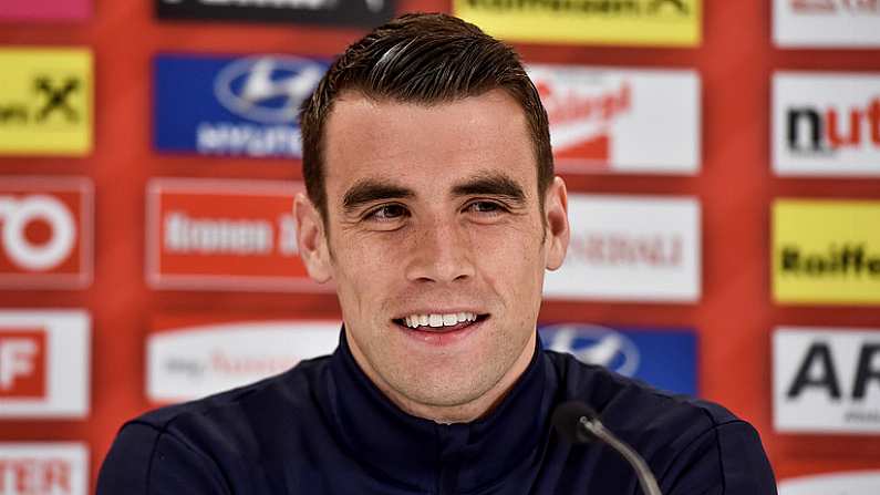 11 November 2016; Republic of Ireland's Seamus Coleman during a press conference at the Ernst Happel Stadium in Vienna, Austria. Photo by David Maher/Sportsfile