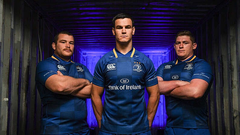 8 August 2017; Leinster players, from left, Jack McGrath, Jonathan Sexton and Tadhg Furlong as Canterbury has revealed the new Leinster home jersey for the 2017/18 season which is now available for purchase from Canterbury.com and sports retailers countrywide. The new kit marks a return to a classic Leinster blue with a contemporary and functional twist. Photo by Ramsey Cardy/Sportsfile