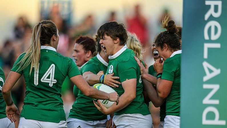 9 August 2017; Ciara Griffin, centre, of Ireland celebrates after scoring her sides second try during the 2017 Women's Rugby World Cup Pool C match between Ireland and Australia at the UCD Bowl in Belfield, Dublin. Photo by Eoin Noonan/Sportsfile