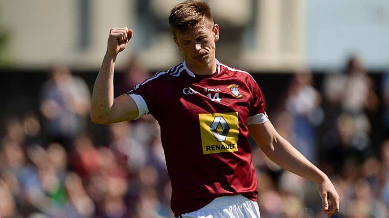 17 June 2017; John Heslin of Westmeath celebrates scoring his side's second goal during the Leinster GAA Football Senior Championship Quarter-Final Replay match between Westmeath and Offaly at TEG Cusack Park in Mullingar, Co Westmeath. Photo by Piaras O Midheach/Sportsfile