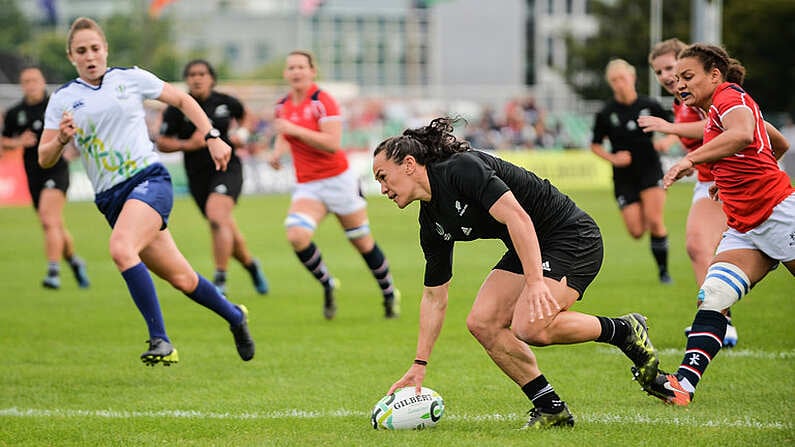 13 August 2017: Portia Woodman of New Zealand goes over to score a try during the 2017 Women's Rugby World Cup Pool A match between New Zealand and Hong Kong at Billings Park in UCD, Dublin. Photo by Sam Barnes/Sportsfile