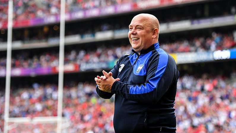 13 August 2017; Waterford manager Derek McGrath celebrates after his side's fourth goal during the GAA Hurling All-Ireland Senior Championship Semi-Final match between Cork and Waterford at Croke Park in Dublin.  Photo by Brendan Moran/Sportsfile