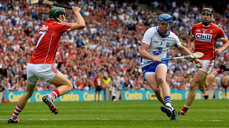 13 August 2017; Austin Gleeson of Waterford gets past Mark Coleman, left, and Mark Ellis of Cork on his way to scoring his side's third goal during the GAA Hurling All-Ireland Senior Championship Semi-Final match between Cork and Waterford at Croke Park in Dublin. Photo by Piaras O Midheach/Sportsfile