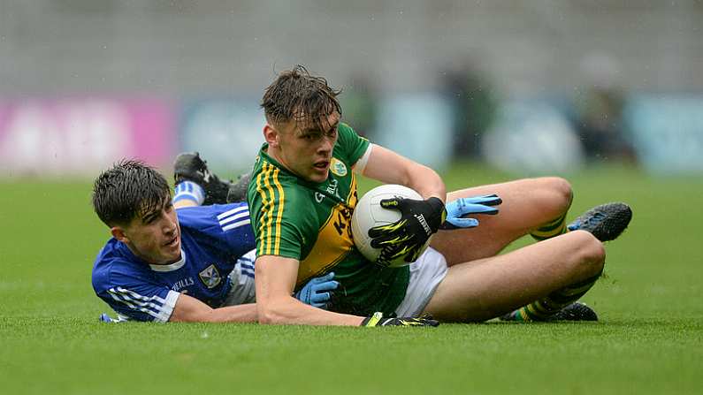 20 August 2017; David Clifford of Kerry in action against Cormac Timoney of Cavan during the Electric Ireland GAA Football All-Ireland Minor Championship Semi-Final match between Cavan and Kerry at Croke Park in Dublin. Photo by Piaras O Midheach/Sportsfile