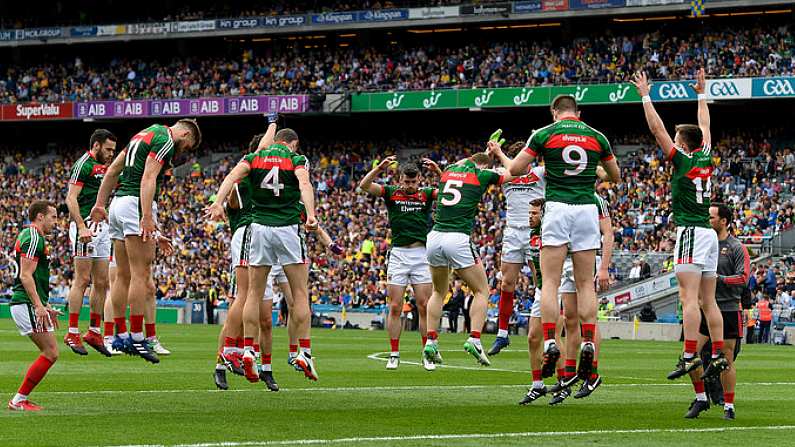 7 August 2017; Mayo players warm up before the GAA Football All-Ireland Senior Championship Quarter-Final Replay match between Mayo v Roscommon at Croke Park, in Dublin. Photo by Ray McManus/Sportsfile