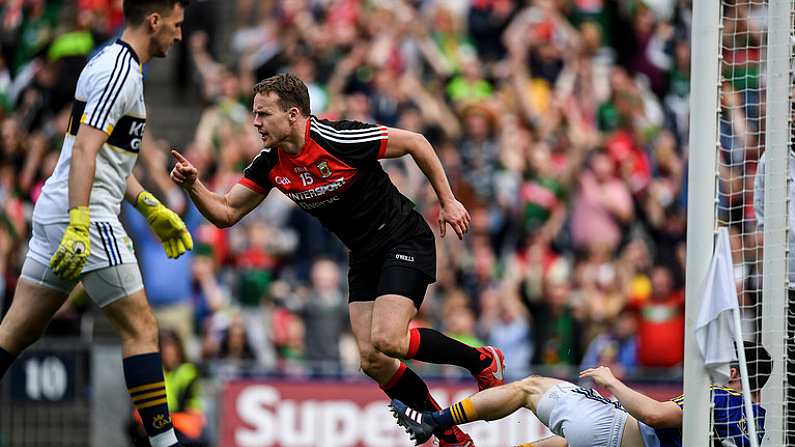 26 August 2017; Andy Moran of Mayo celebrates after scoring his side's second goal during the GAA Football All-Ireland Senior Championship Semi-Final Replay match between Kerry and Mayo at Croke Park in Dublin. Photo by Brendan Moran/Sportsfile