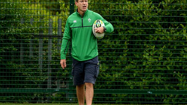 26 August 2017: Tom Tierney Ireland head coach during the warm up to the 2017 Women's Rugby World Cup, 7th Place Play-Off between Ireland and Wales at Kingspan Stadium in Belfast. Photo by Oliver McVeigh/Sportsfile