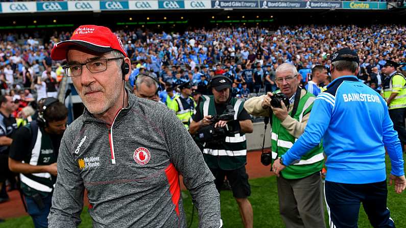 27 August 2017; Tyrone manager Mickey Harte following the GAA Football All-Ireland Senior Championship Semi-Final match between Dublin and Tyrone at Croke Park in Dublin. Photo by Ramsey Cardy/Sportsfile