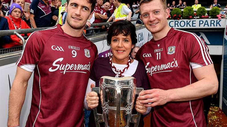 3 September 2017; Margaret Keady with the Liam MacCarthy Cup and Galway captain, David Burke , left, and Joe Canning after  the GAA Hurling All-Ireland Senior Championship Final match between Galway and Waterford at Croke Park in Dublin. Photo by Ray McManus/Sportsfile