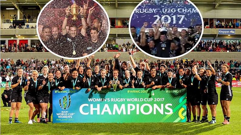 26 August 2017; Saturday 26th August 2017; New Zealand celebrate after winning the 2017 Women's Rugby World Cup Final at Kingspan Stadium in Belfast. Photo by John Dickson/Sportsfile