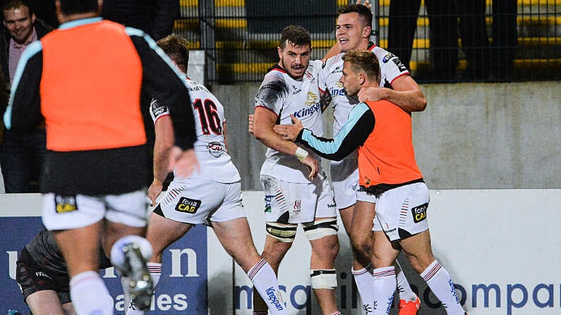 15 September 2017; Jacob Stockdale of Ulster celebrates with Sean Reidy, left, and Paul Marshall of Ulster after scoring his side's first try during the Guinness PRO14 Round 3 match between Ulster and Scarlets at the Kingspan Stadium in Belfast. Photo by Oliver McVeigh/Sportsfile