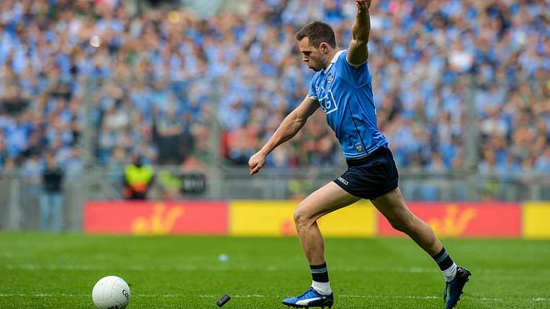 17 September 2017; Dean Rock of Dublin scores the winning point from a free late in injury time during the GAA Football All-Ireland Senior Championship Final match between Dublin and Mayo at Croke Park in Dublin. Photo by Piaras O Midheach/Sportsfile