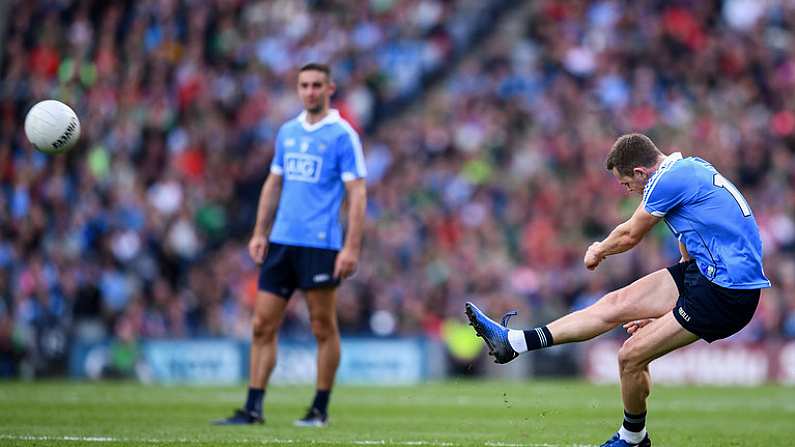 17 September 2017; Dean Rock of Dublin kicks a free during the GAA Football All-Ireland Senior Championship Final match between Dublin and Mayo at Croke Park in Dublin. Photo by Stephen McCarthy/Sportsfile