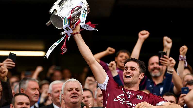 3 September 2017; Galway captain David Burke lifts the Liam MacCarthy Cup after the GAA Hurling All-Ireland Senior Championship Final match between Galway and Waterford at Croke Park in Dublin. Photo by Brendan Moran/Sportsfile