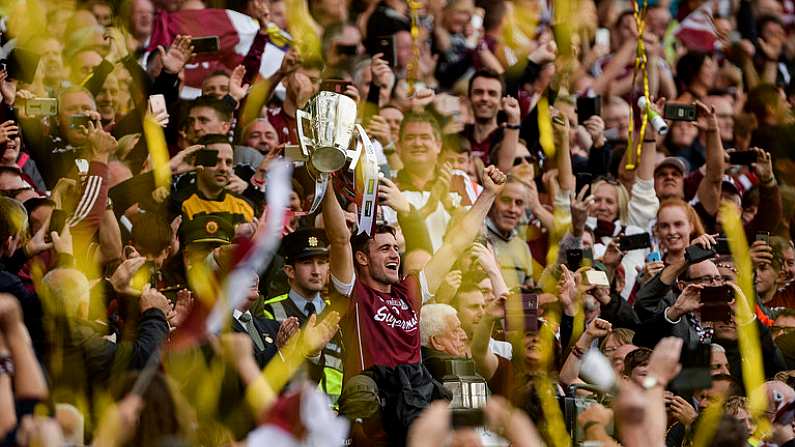 3 September 2017; Galway captain David Burke lifts the Liam MacCarthy cup after the GAA Hurling All-Ireland Senior Championship Final match between Galway and Waterford at Croke Park in Dublin. Photo by Piaras O Midheach/Sportsfile