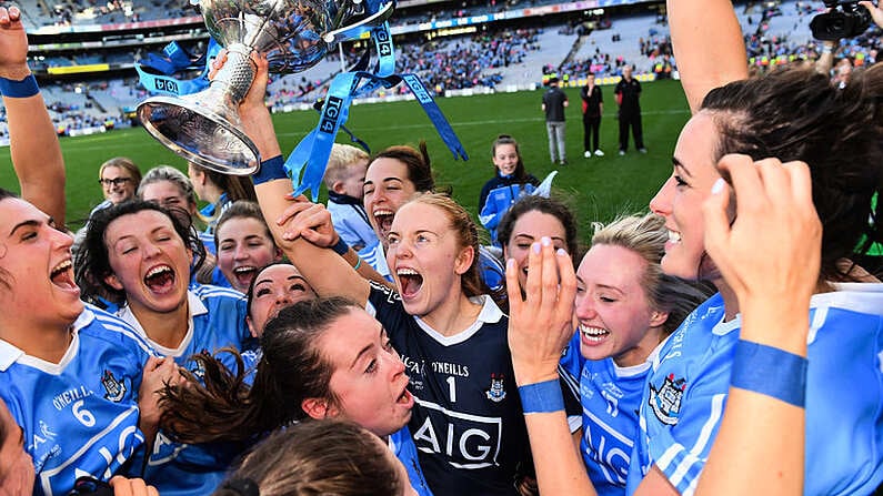 24 September 2017; Dublin goalkeeper Ciara Trant and her team-mates celebrate with the Brendan Martin Cup after the TG4 Ladies Football All-Ireland Senior Championship Final match between Dublin and Mayo at Croke Park in Dublin. Photo by Brendan Moran/Sportsfile