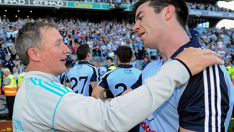 22 September 2013; Dublin manager Jim Gavin with Michael Darragh MacAuley after the match. GAA Football All-Ireland Senior Championship Final, Dublin v Mayo, Croke Park, Dublin. Picture credit: Brian Lawless / SPORTSFILE