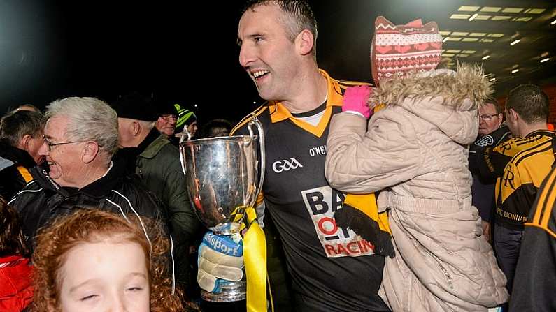 29 November 2015; Paul Hearty, Crossmaglen captain, celebrates after the game. AIB Ulster GAA Senior Club Football Championship Final, Crossmaglen v Scotstown. Crossmaglen, Co. Armagh. Picture credit: Oliver McVeigh / SPORTSFILE