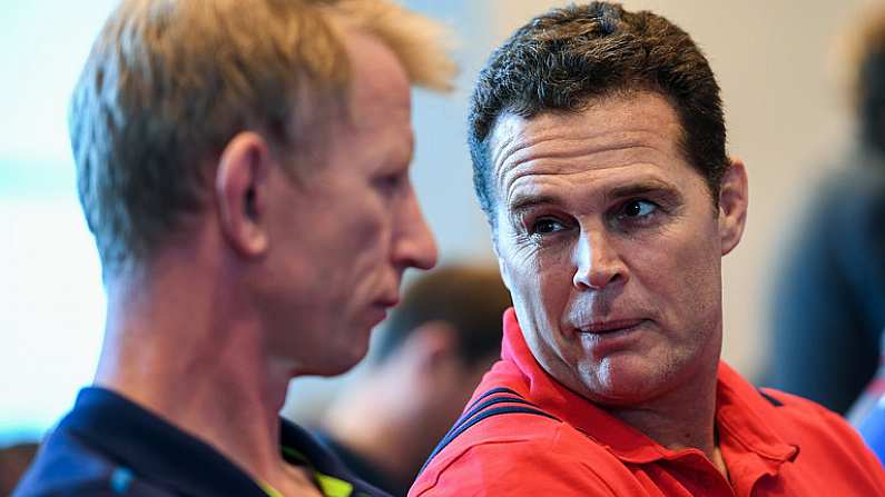 2 October 2017; Munster Director of Rugby Rassie Erasmus in conversation with Leinster head coach Leo Cullen at the European Rugby Champions Cup and Challenge Cup 2017/18 season launch for PRO14 clubs at the Convention Centre in Dublin. Photo by Brendan Moran/Sportsfile