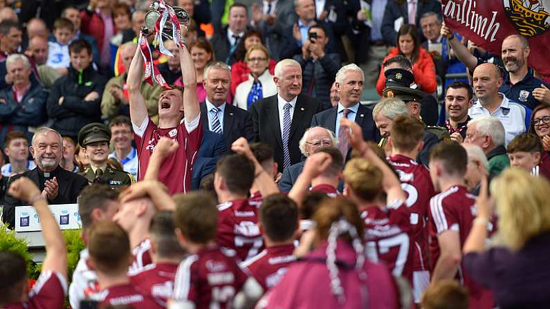 3 September 2017; Galway captain Darren Morrissey lifts the trophy after the Electric Ireland GAA Hurling All-Ireland Minor Championship Final match between Galway and Cork at Croke Park in Dublin. Photo by Ramsey Cardy/Sportsfile