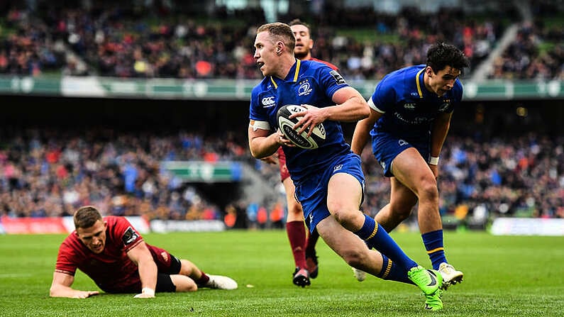 7 October 2017; Rory O'Loughlin of Leinster runs in to score his and his side's second try during the Guinness PRO14 Round 6 match between Leinster and Munster at the Aviva Stadium in Dublin. Photo by Brendan Moran/Sportsfile