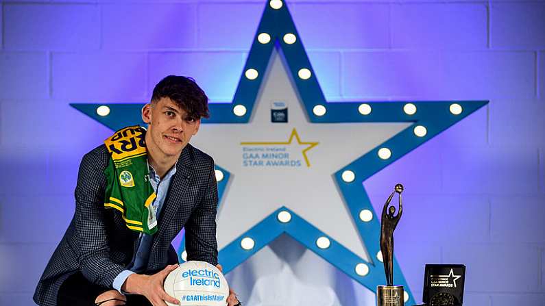 7 October 2017; Electric Ireland presents Kerry's David Clifford with the 2017 Electric Ireland Footballer of the Year award as voted for by a panel of GAA legends which includes Oisin McConville, Andy McEntee, Donal Og Cusack and Mattie Kenny. Sponsor to the GAA Minor Championships, Electric Ireland today honoured 15 minor players from, football and 15 players from hurling at the inaugural annual Electric Ireland Minor Star Awards in Croke Park #GAAThisIsMajor. Photo by Sam Barnes/Sportsfile