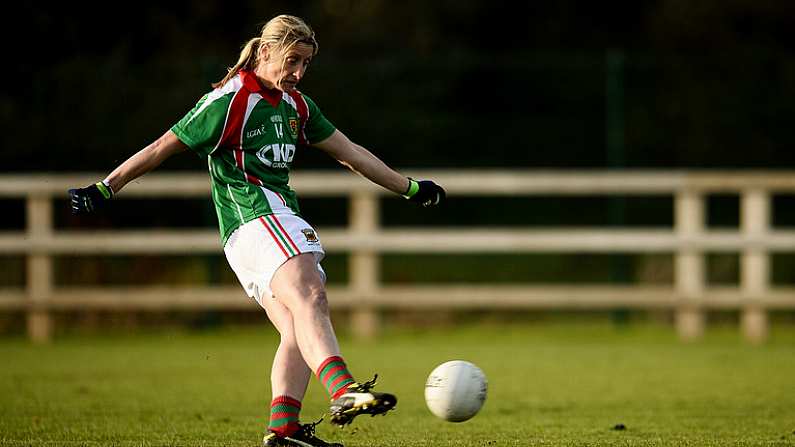 20 November 2016; Cora Staunton of Carnacon scores her side's first goal from the penalty spot during the LGFA All Ireland Senior Club Championship semi-final match between Foxrock Cabinteely and Carnacon at Bray Emmets in Co. Wicklow. Photo by Sam Barnes/Sportsfile