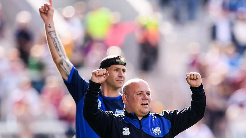 23 July 2017; Waterford manager Derek McGrath and selector Dan Shanahan celebrate a late point during the GAA Hurling All-Ireland Senior Championship Quarter-Final match between Wexford and Waterford at Pairc Ui Chaoimh in Cork. Photo by Stephen McCarthy/Sportsfile