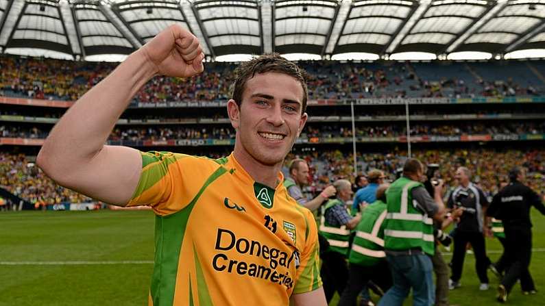 26 August 2012; Patrick McBrearty celebrates the Donegal win. GAA Football All-Ireland Senior Championship Semi-Final, Cork v Donegal, Croke Park, Dublin. Picture credit: Ray McManus / SPORTSFILE