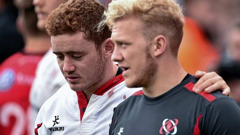 25 October 2014; Ulster's Paddy Jackson, left, and Stuart Olding leave the field dejected after the game. European Rugby Champions Cup 2014/15, Pool 3, Round 2, Ulster v RC Toulon, Kingspan Stadium, Ravenhill Park, Belfast, Co. Antrim. Picture credit: Ramsey Cardy / SPORTSFILE